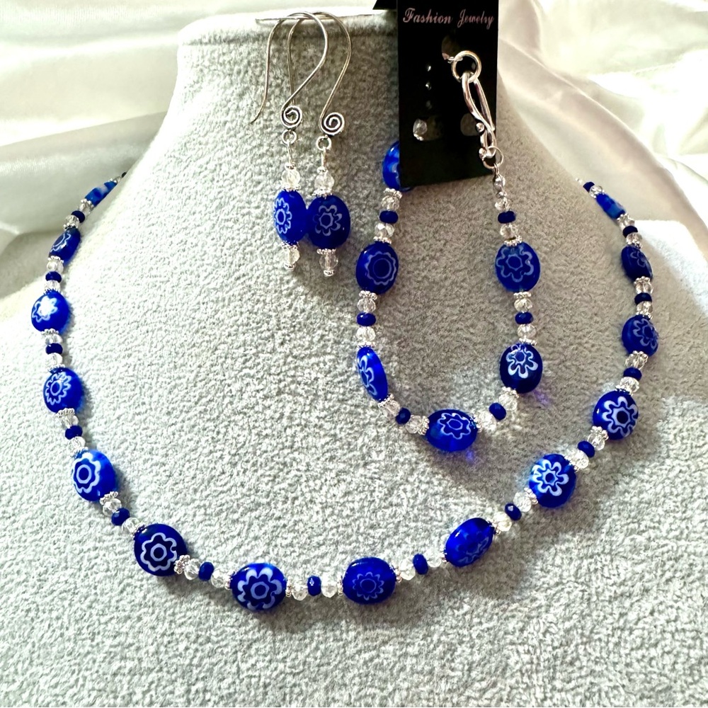 New Hand Crafted Cobalt Blue Millefiori Glass & Crystal Beaded Jewelry Set